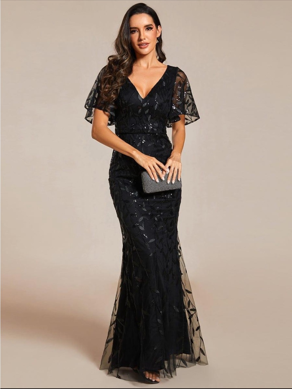 Ever Pretty Black Sequin V-Neck Flutter Sleeve Maxi Gown